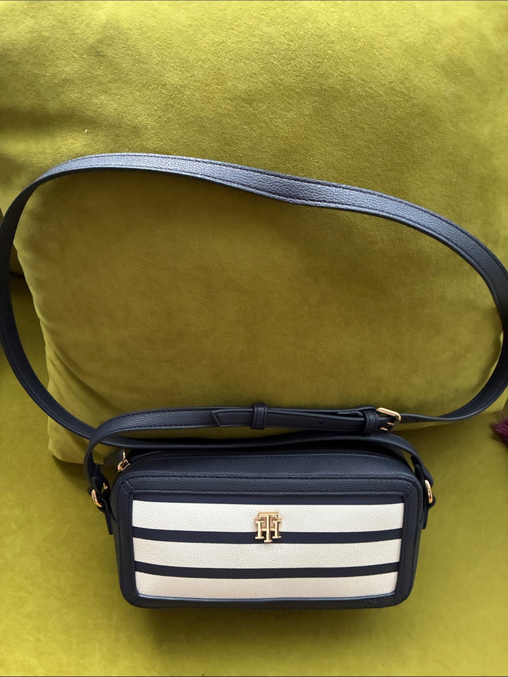 Tommy Hilfiger Navy and White Striped Leather Crossbody